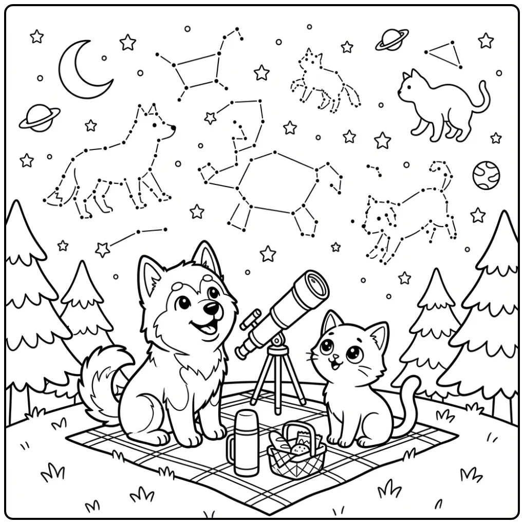 Alaskan Malamute Puppy and Kitten Stargazing with a Telescope coloring page