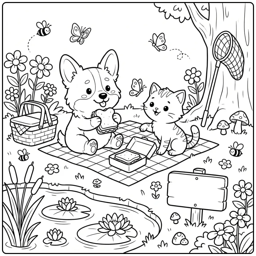 Corgi Puppy and Kitten Having a Picnic by a Pond coloring page