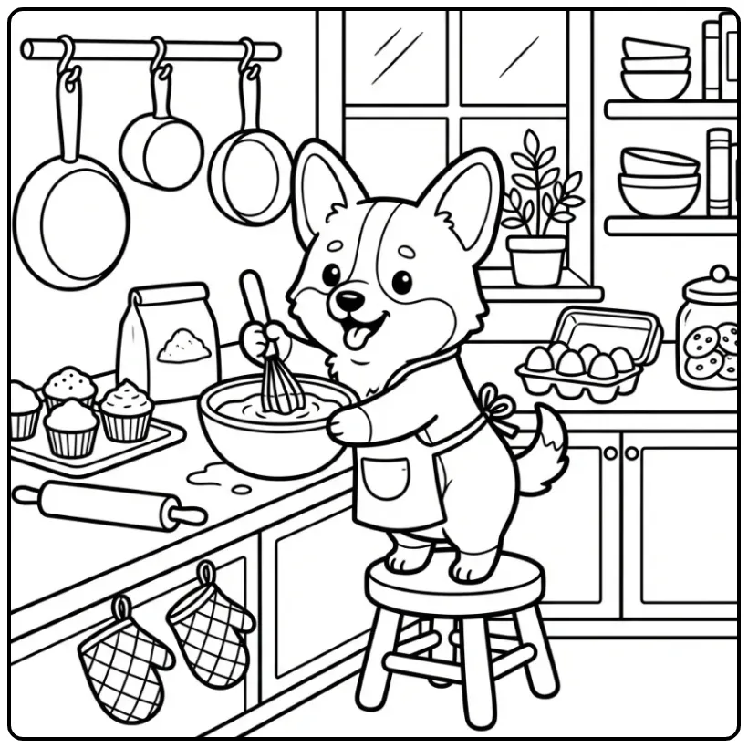 Cute Puppy Baking in the Kitchen coloring page