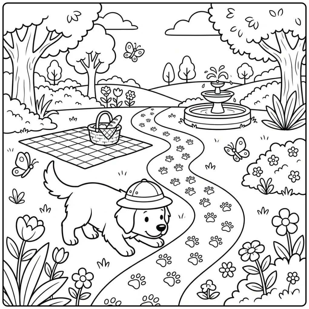 Cute Puppy in the Park with Flowers coloring page