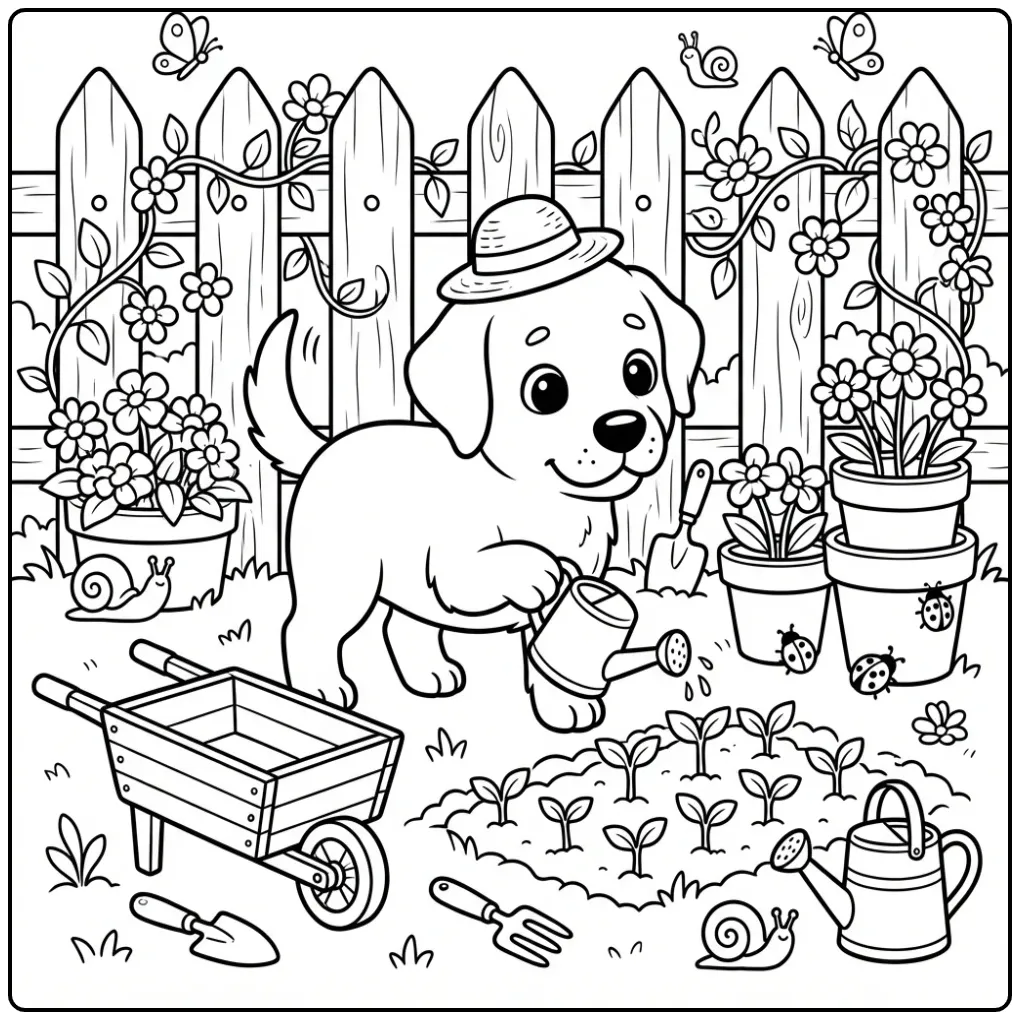 Cute Labrador Puppy Helping in the Garden coloring page