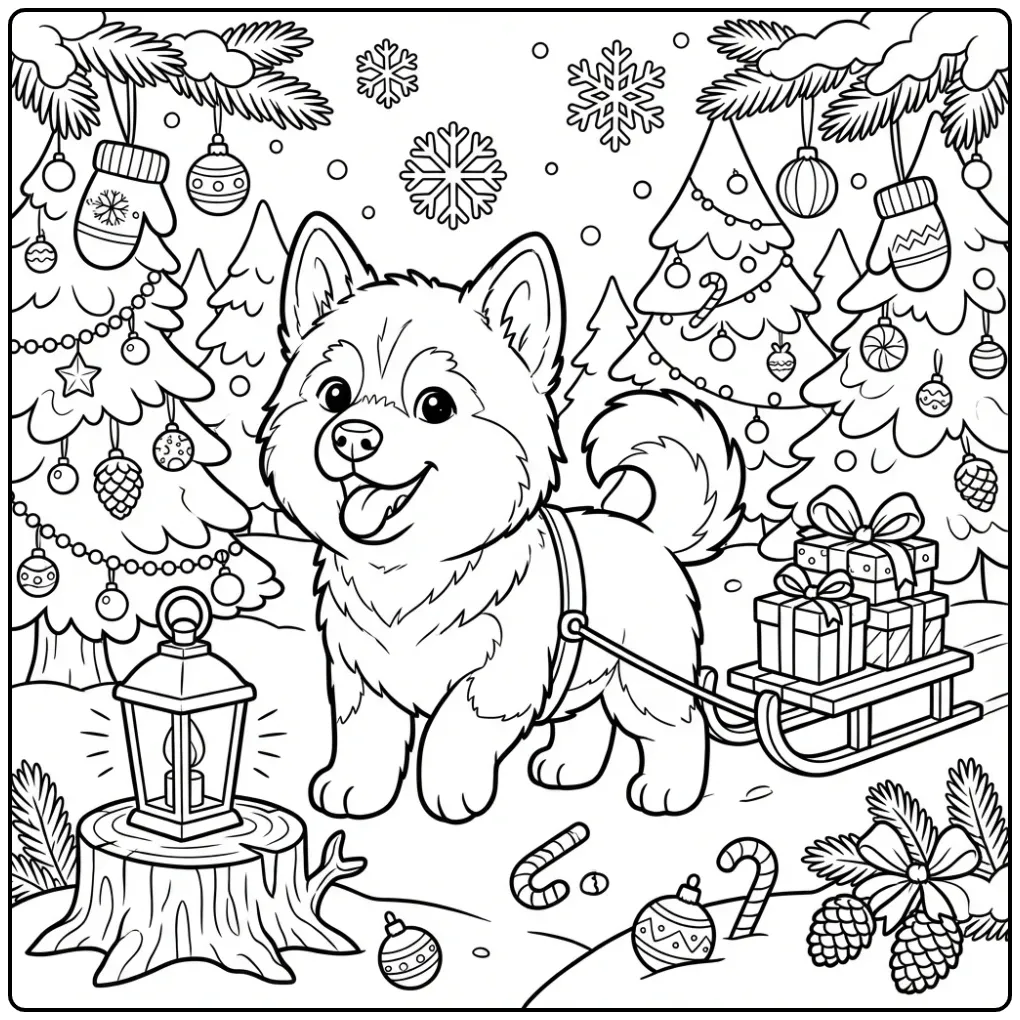 Cute Puppy with Sleigh in a Winter Forest coloring page