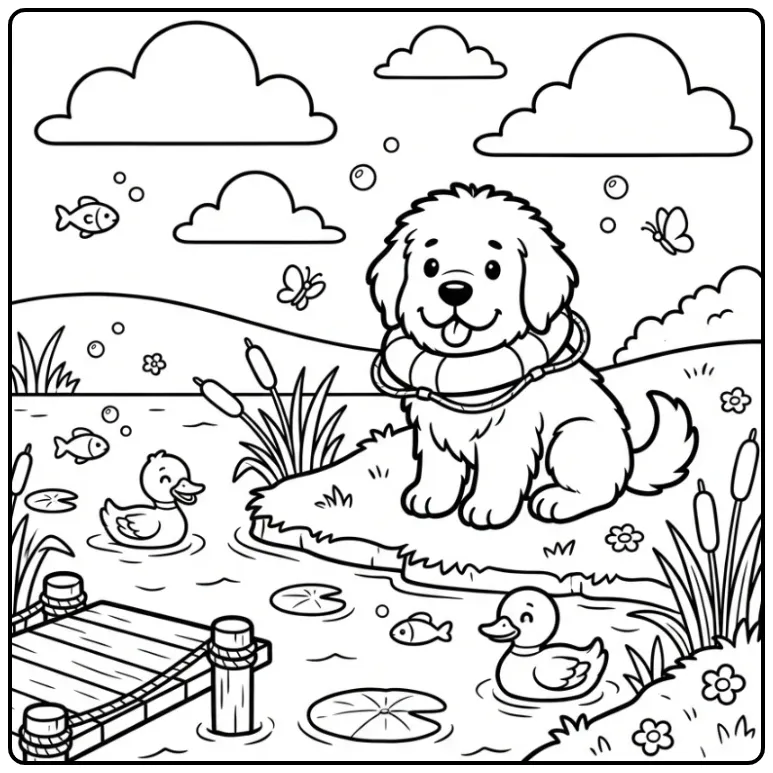 Cute Newfoundland Puppy with a Life Ring coloring page