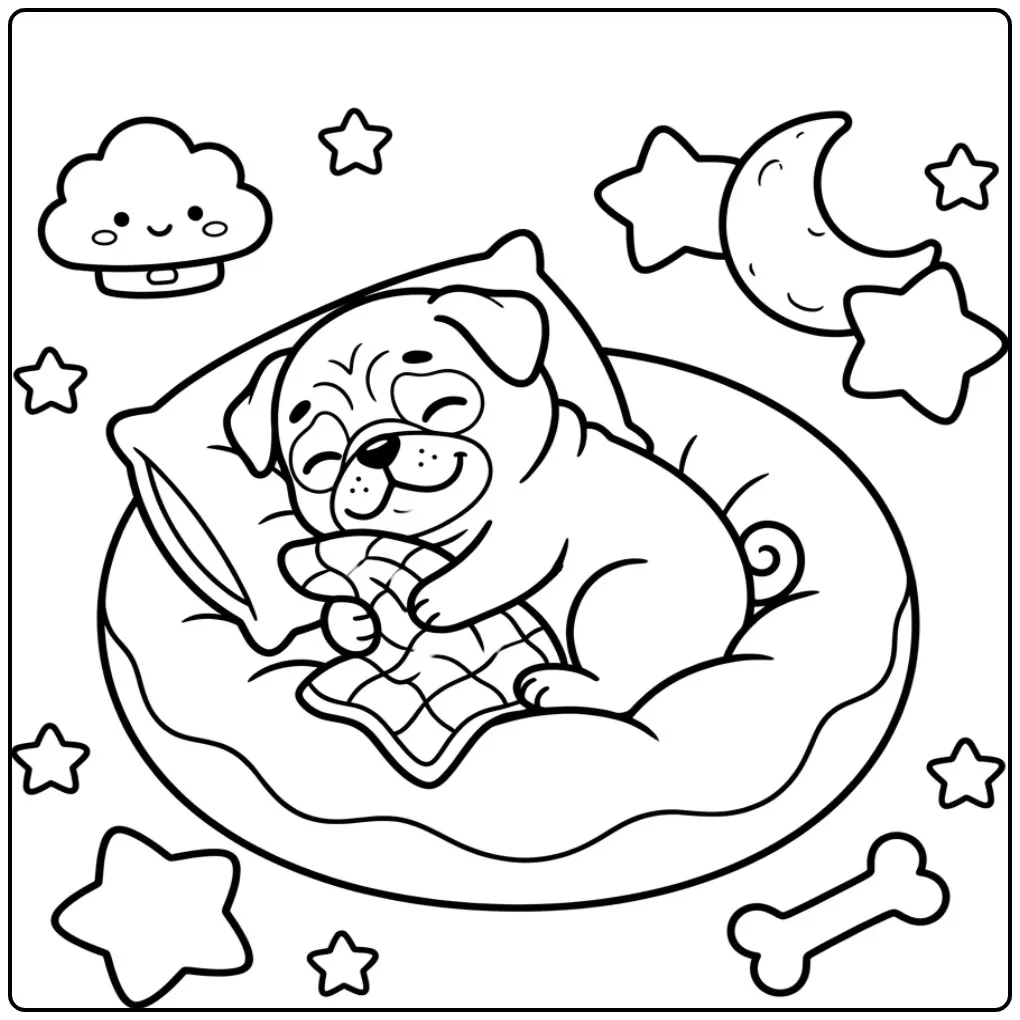 Cute Puppy Sleeping Among Cushions and Stars coloring page