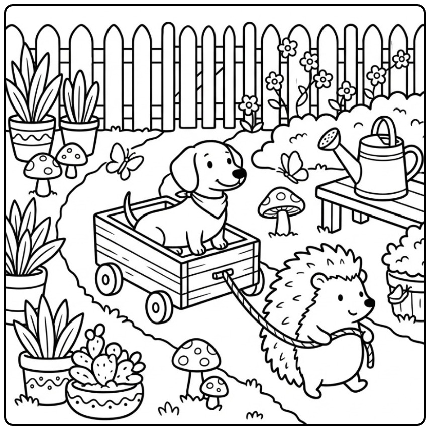 Cute Dachshund and Hedgehog Friends in the Garden coloring page