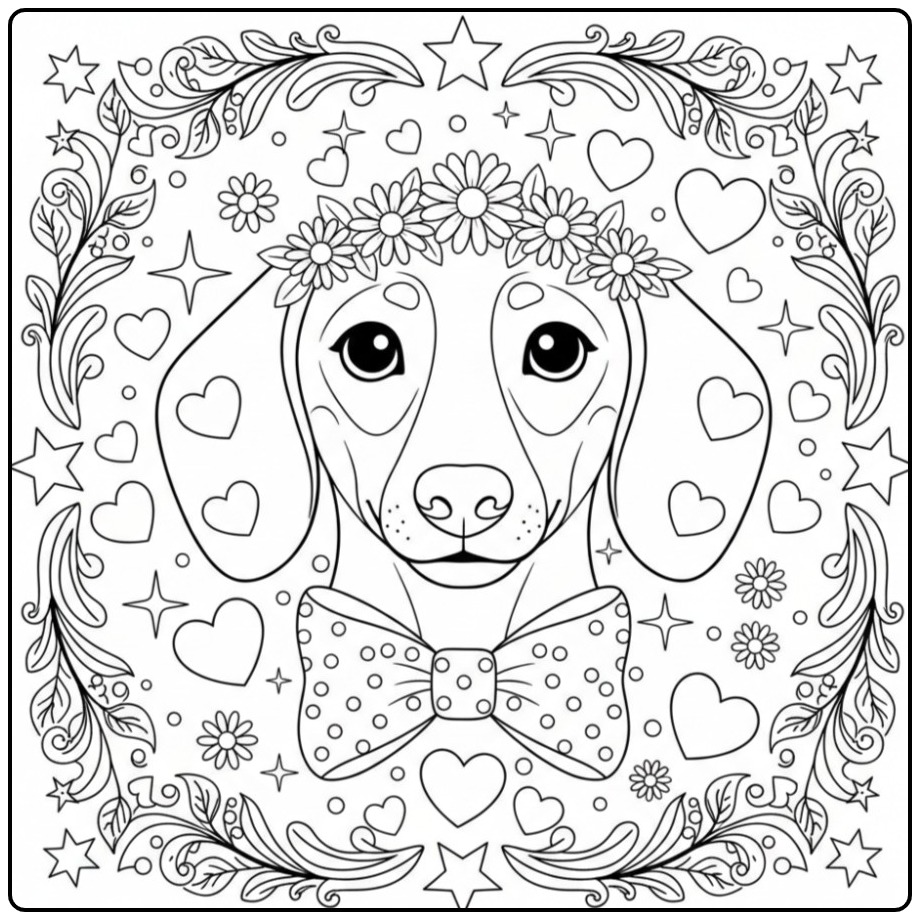 Cute Dachshund Surrounded by Hearts and Stars coloring page