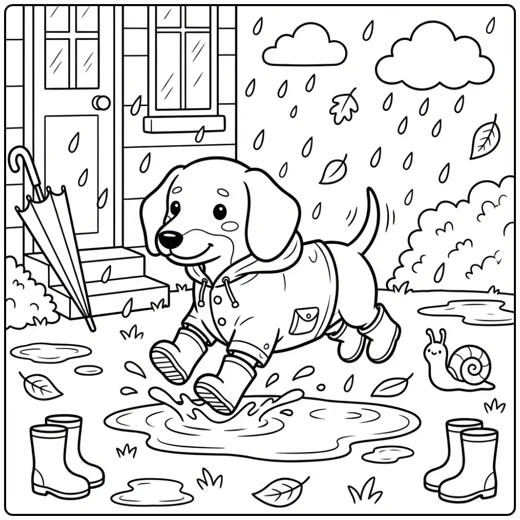 Cute Dachshund Puppy in the Rain with Boots coloring page