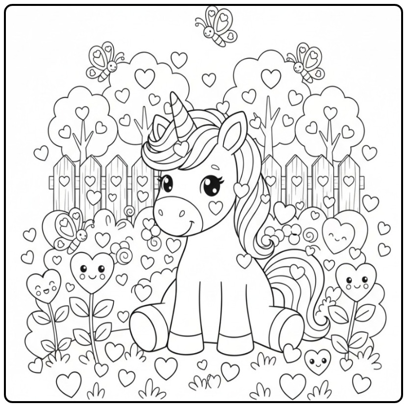 Cute Unicorn and Butterflies Hearts in a Magical Garden coloring page