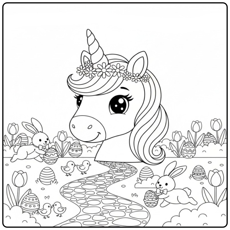 Cute Unicorn Head Easter in a Spring Landscape coloring page