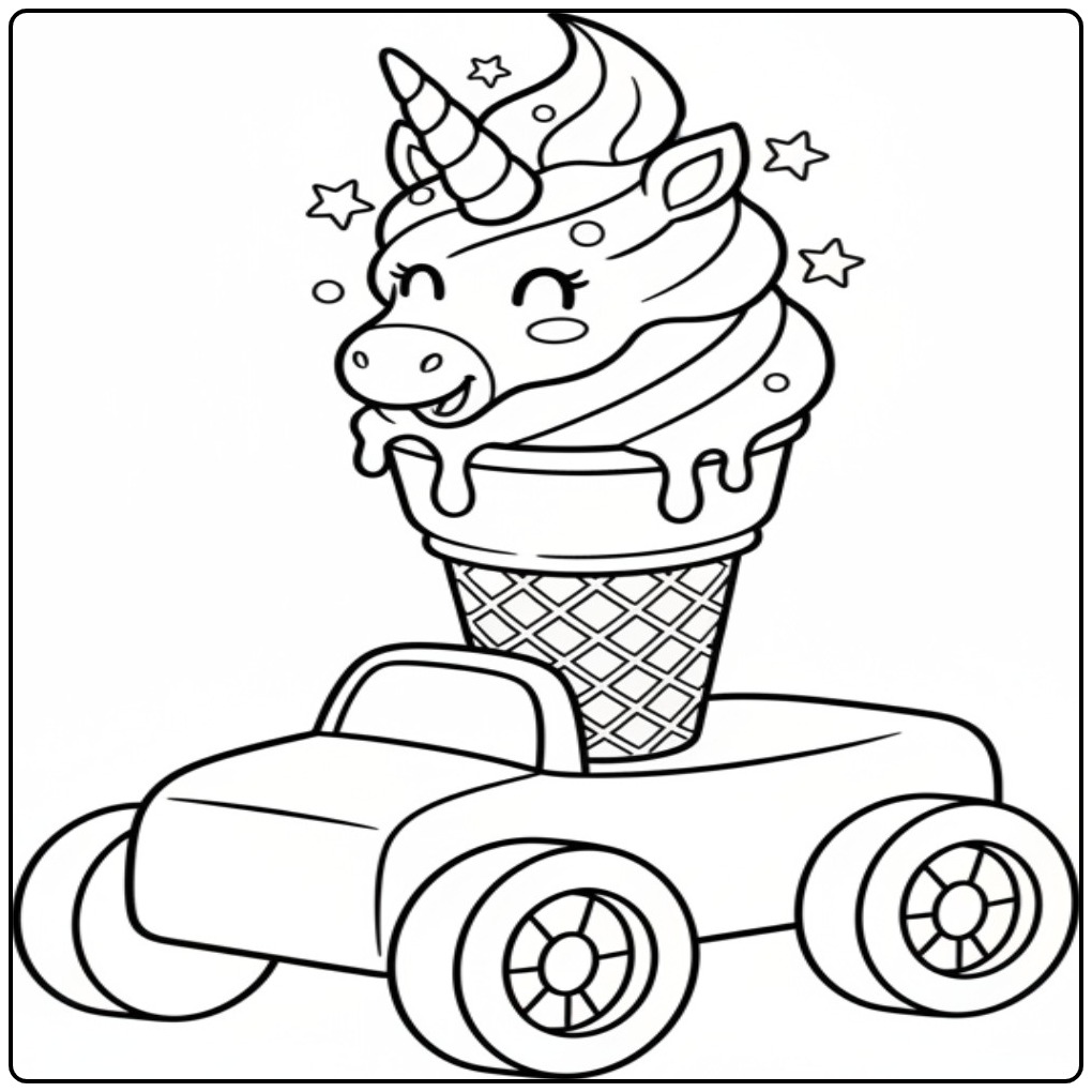 Cute Unicorn Ice Cream Ride in a Toy Car coloring page