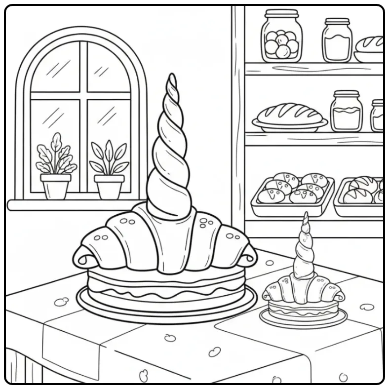 Cute Unicorn Cake in a Cozy Bakery coloring page