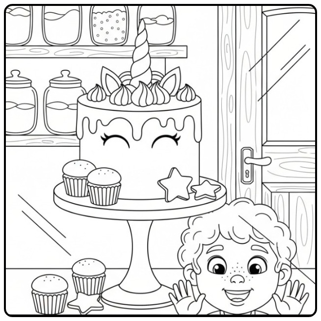 Cute Unicorn Cake for a Kids Party coloring page