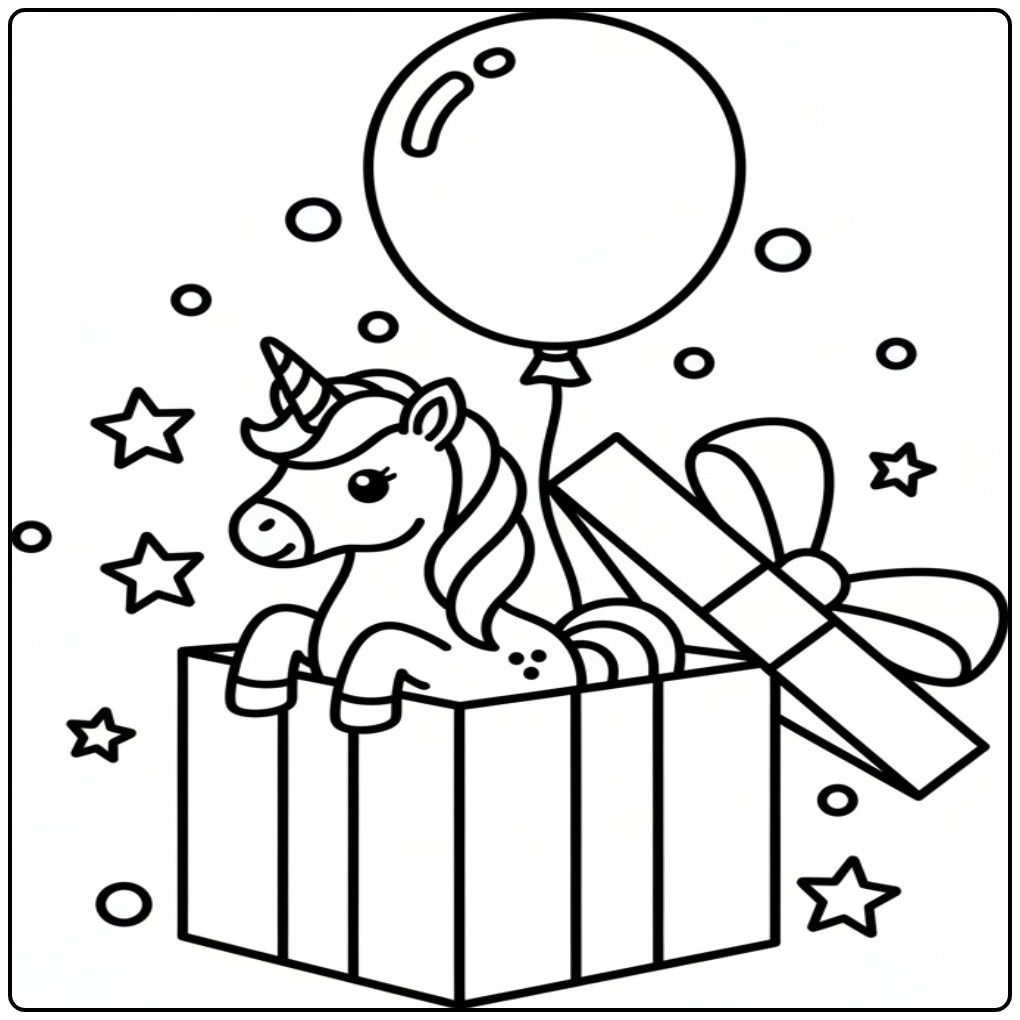Cute Unicorn Birthday in a Gift Box coloring page