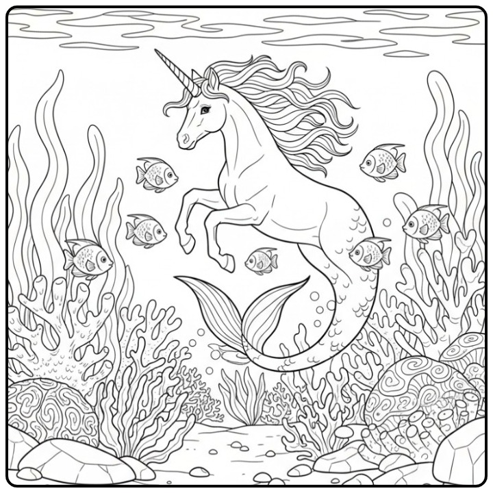 Cute Unicorn Mermaid with Cheerful Fish coloring page