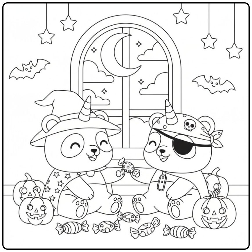 Cute Unicornpanda Halloween with Friends coloring page
