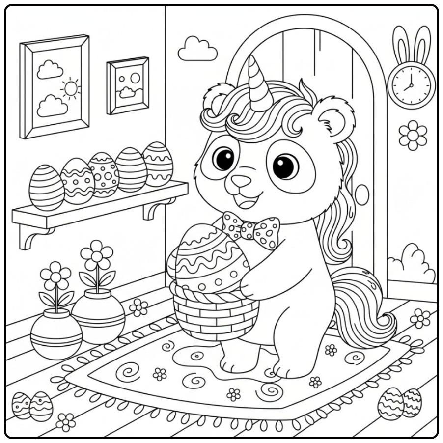 Cute Unicornpanda Easter in a Decorated House coloring page