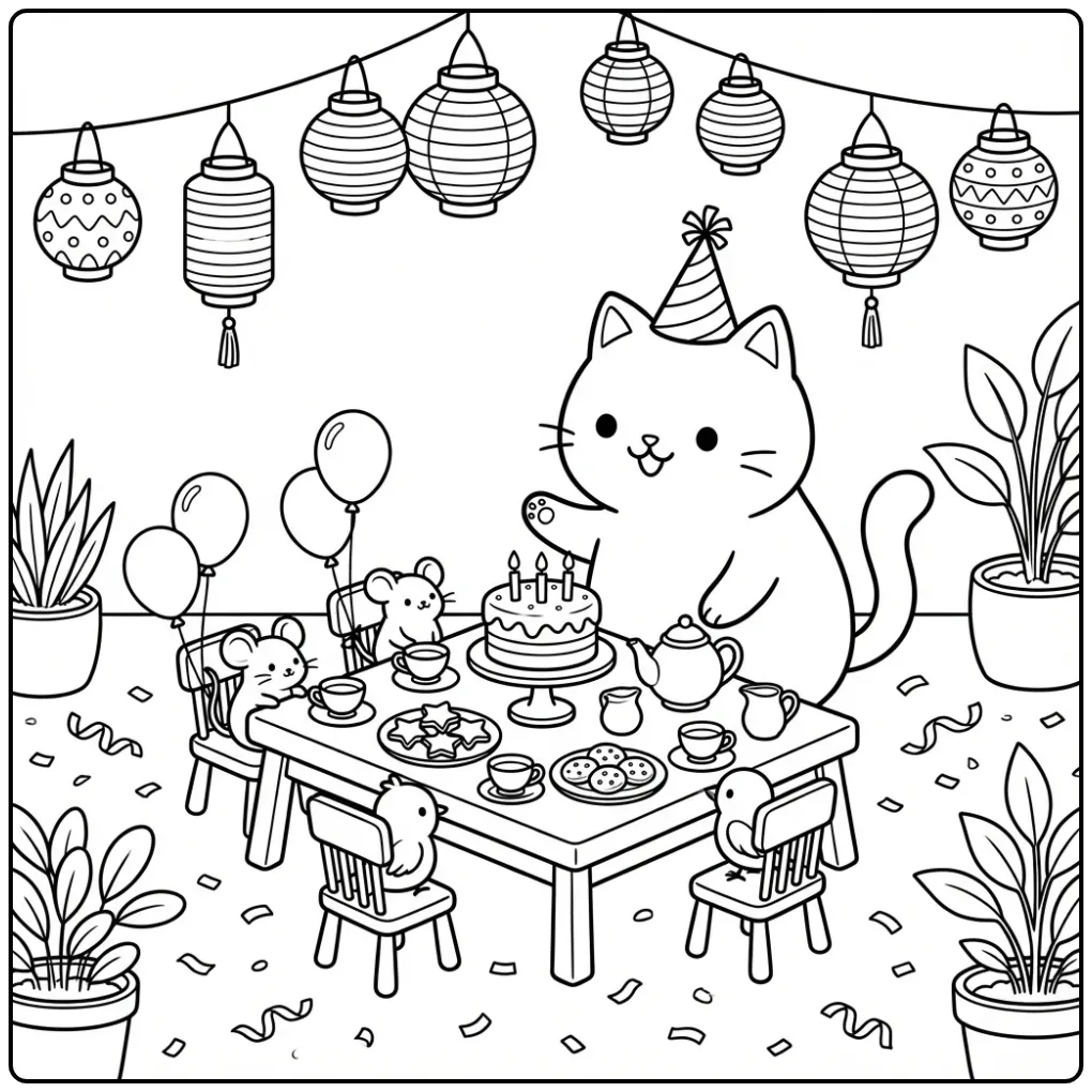 Birthday Cat coloring page with balloons and cake