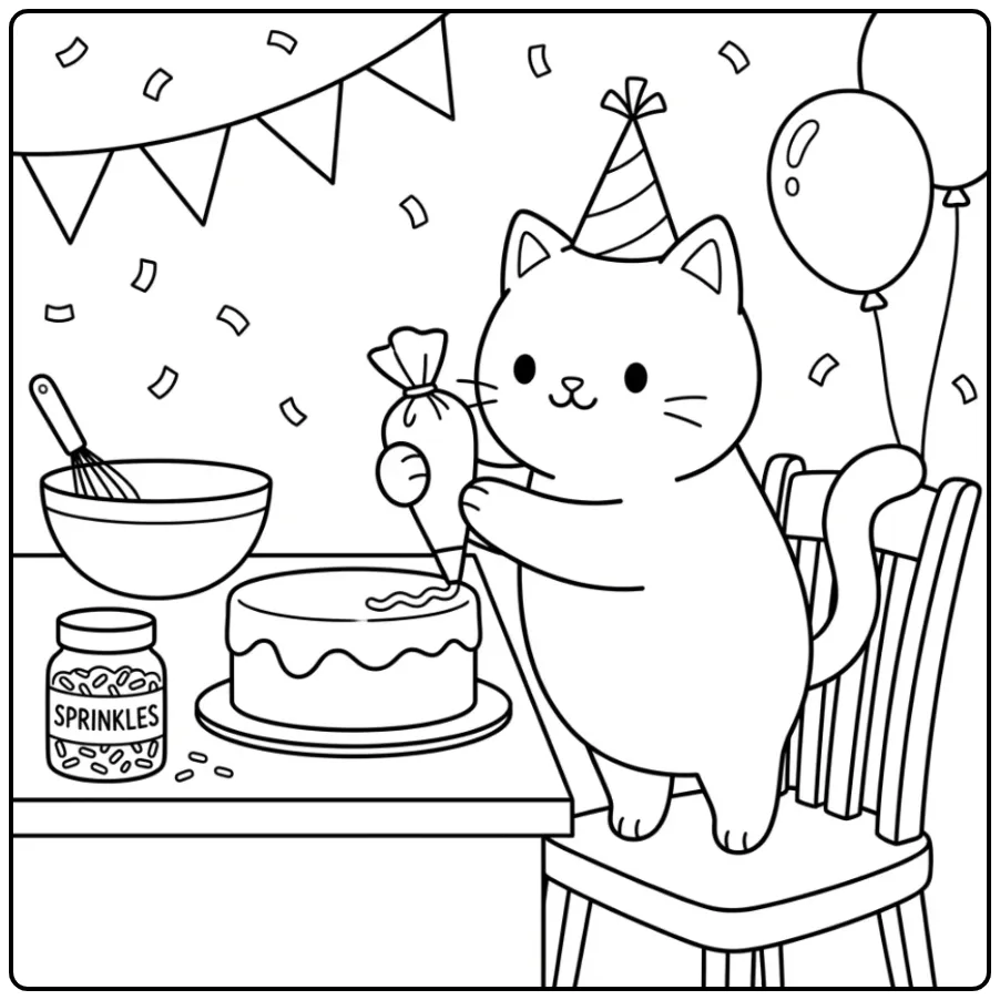 Birthday Cat coloring page decorating a cake