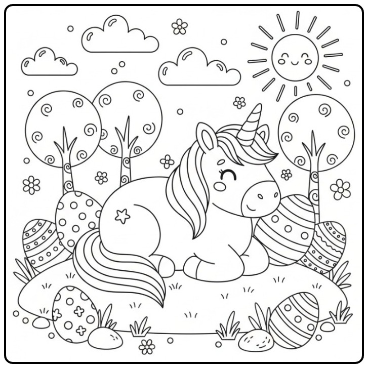 Cute Easy Easter Unicorn coloring page