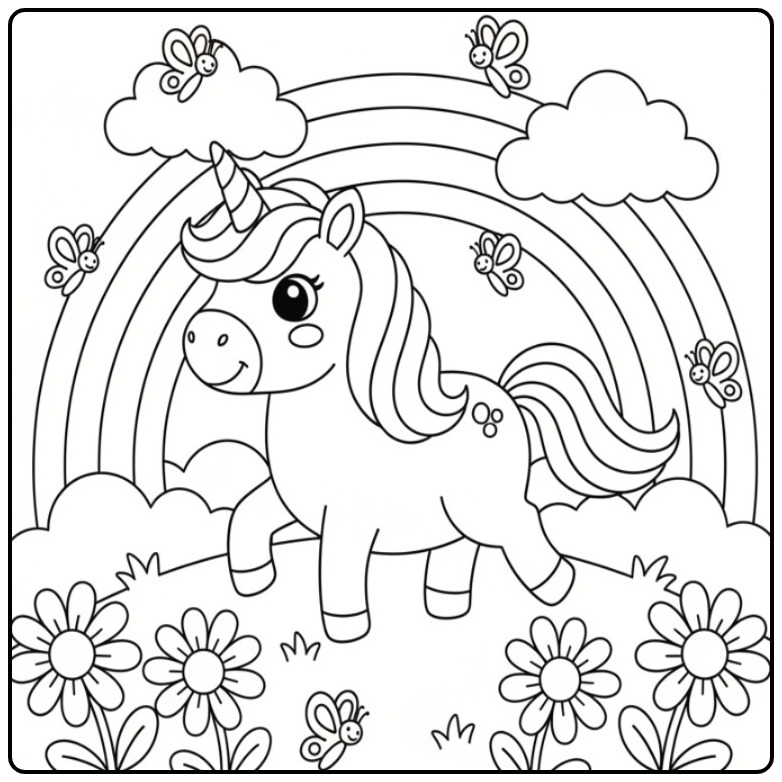 Cute Easy Unicorn and Rainbow coloring page