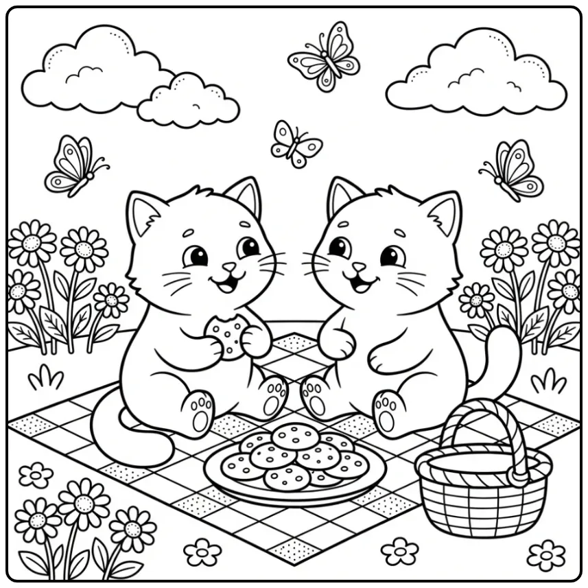 Easy Cat coloring page with two kittens and cookies