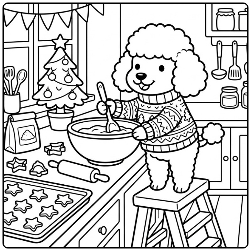 Poodle Christmas Dog Baking Cookies coloring page
