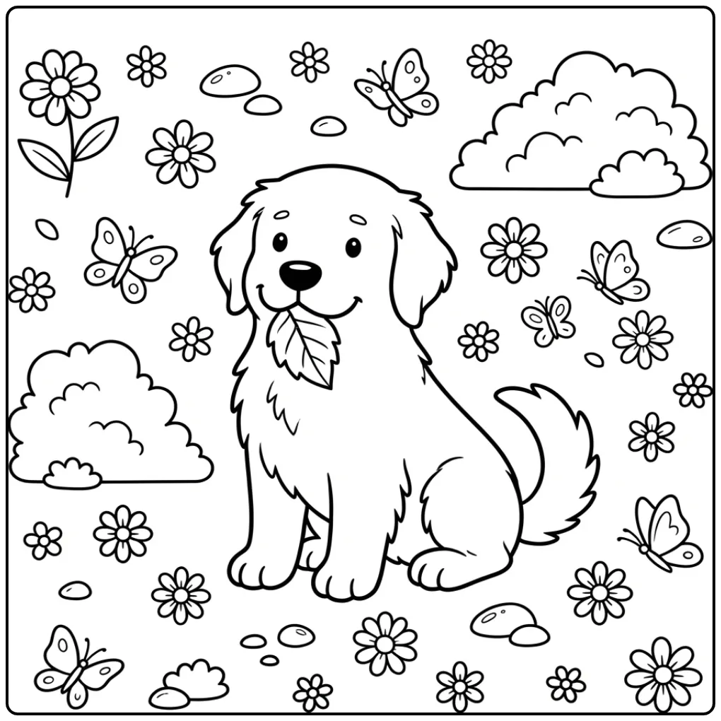 Cute Puppy with Flowers for Adults coloring page