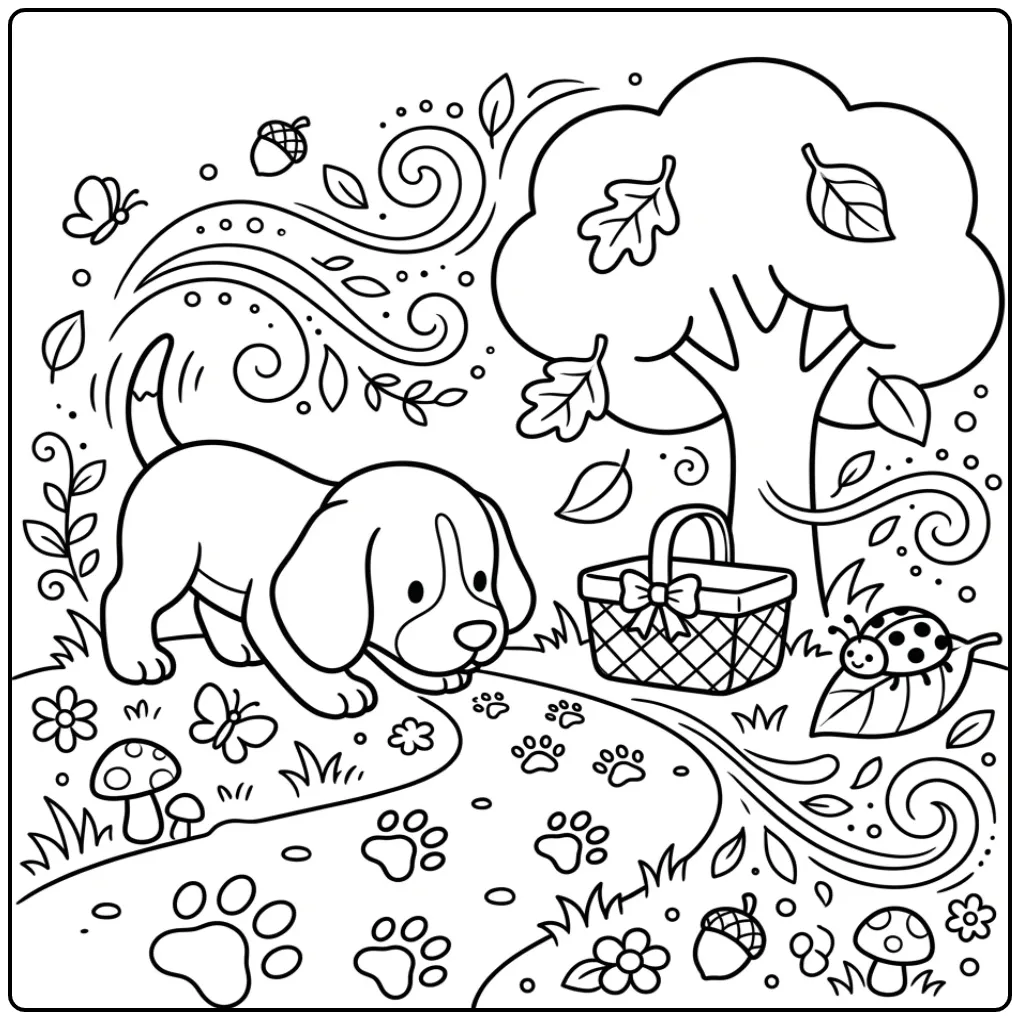 Cute Easy Puppy with Tree and Leaves coloring page