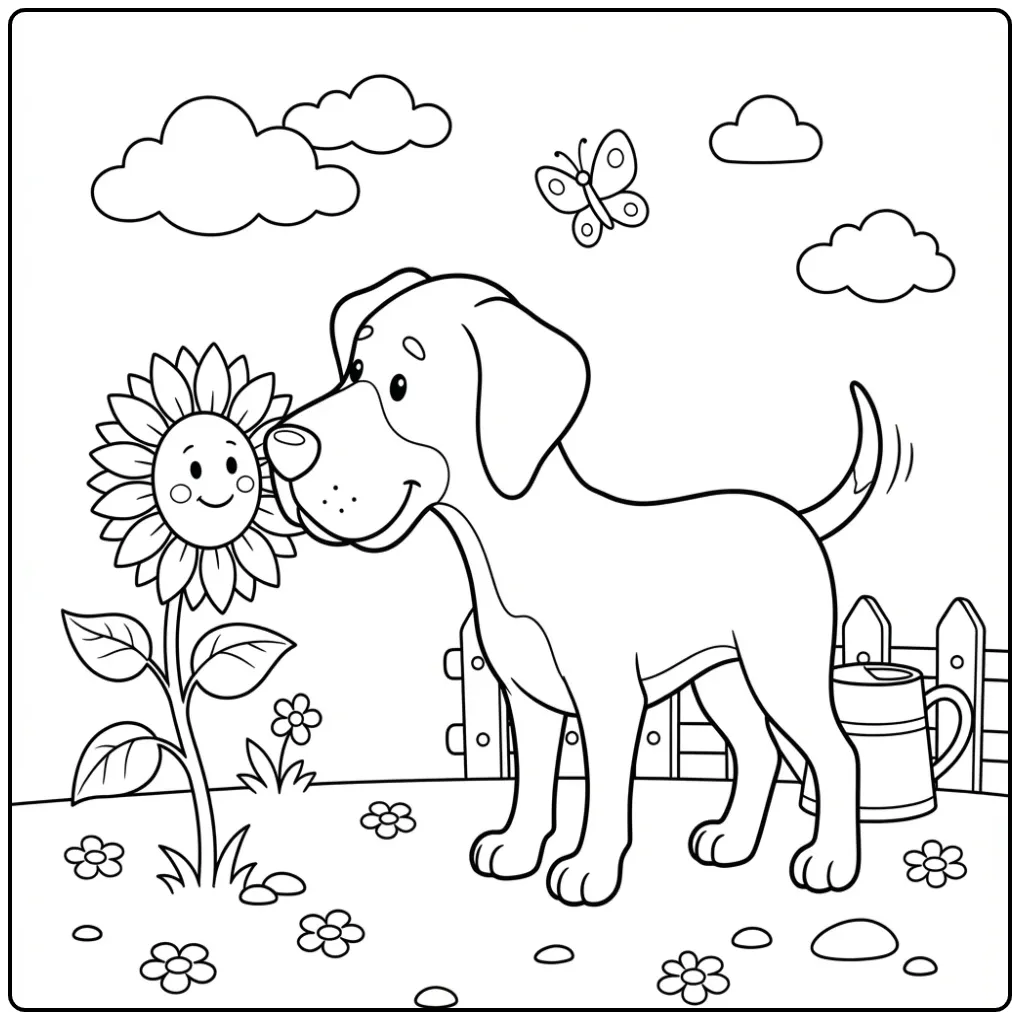 Cute Easy Puppy with Big Sunflower coloring page