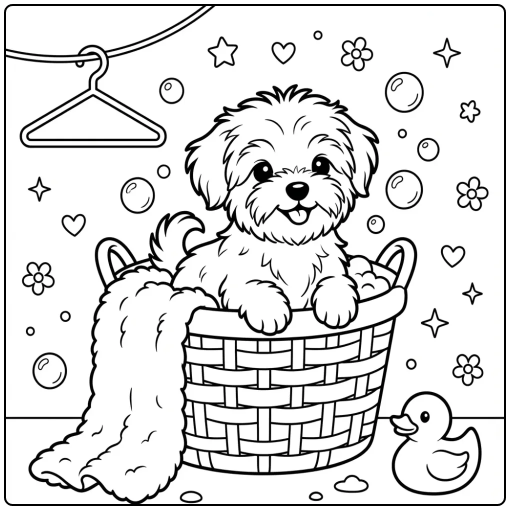 Cute Easy Puppy with Laundry Basket and Rubber Duck coloring page