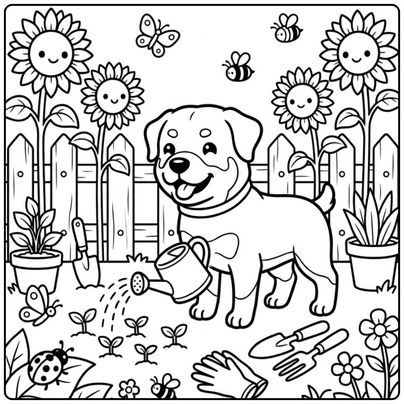 Rottweiler Watering Plants in the Garden coloring page