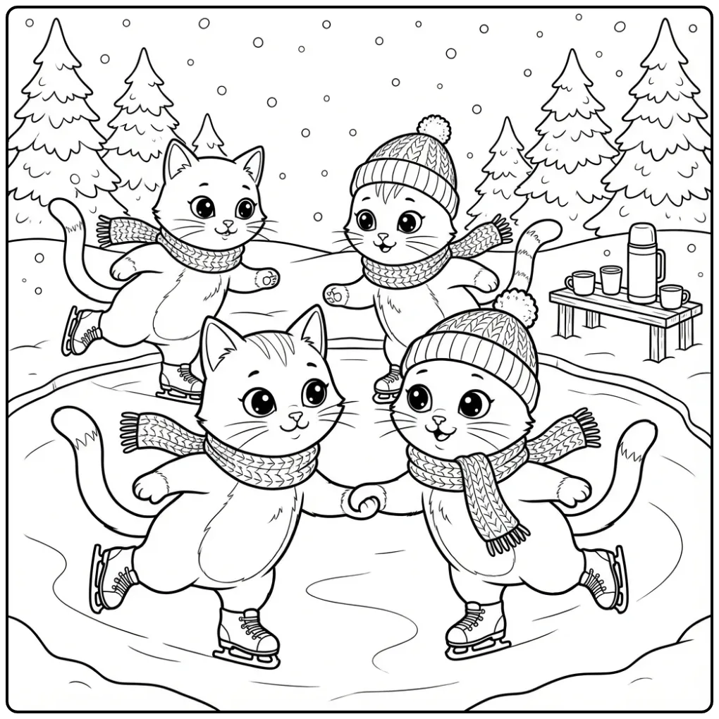 Cute Ice Skating Cats in Winter coloring page