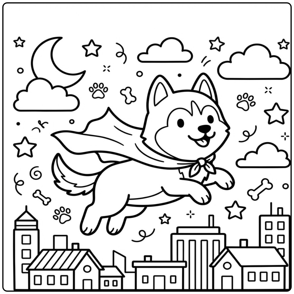Superhero Husky Flying Over the City coloring page