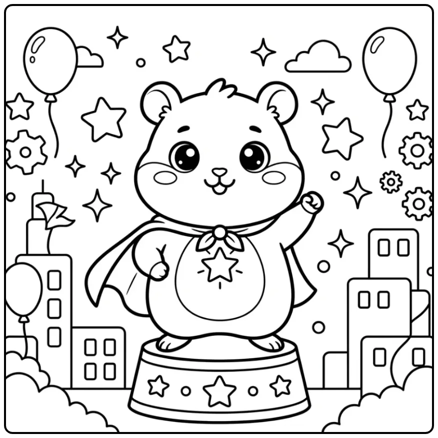 Kawaii Hamster coloring page as a superhero with a cape