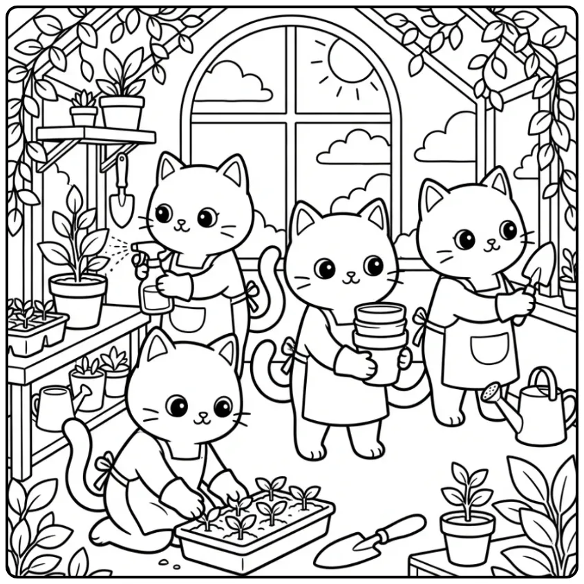 Cute Gardener Cats in a Greenhouse coloring page