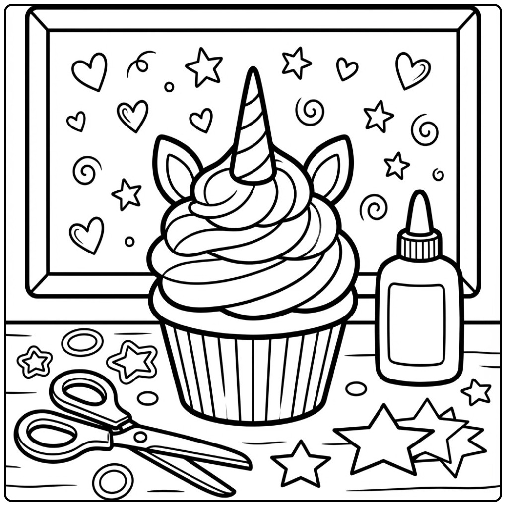 Cute Unicorn Cupcake to Crafting coloring page