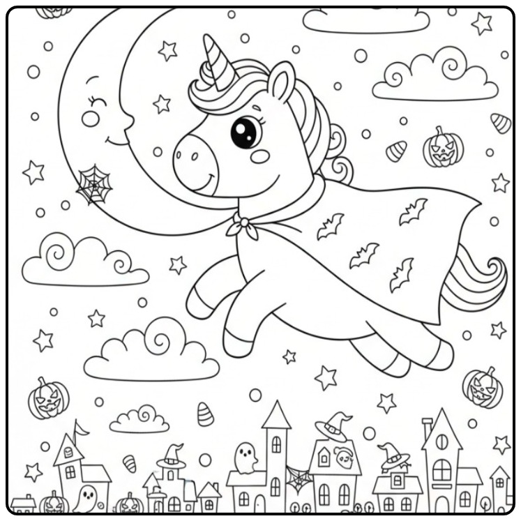 Cute Unicorn Halloween Above a Spookstadje coloring page