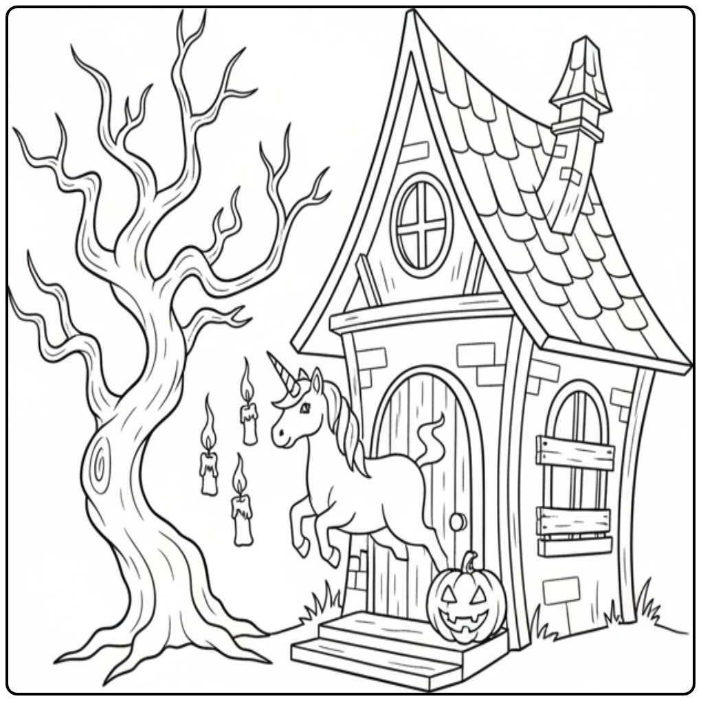 Cute Unicorn Halloween a Pumpkin and Tree coloring page