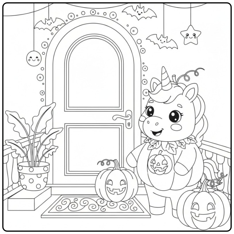 Cute Unicorn Halloween Dressed Up as Pumpkin coloring page