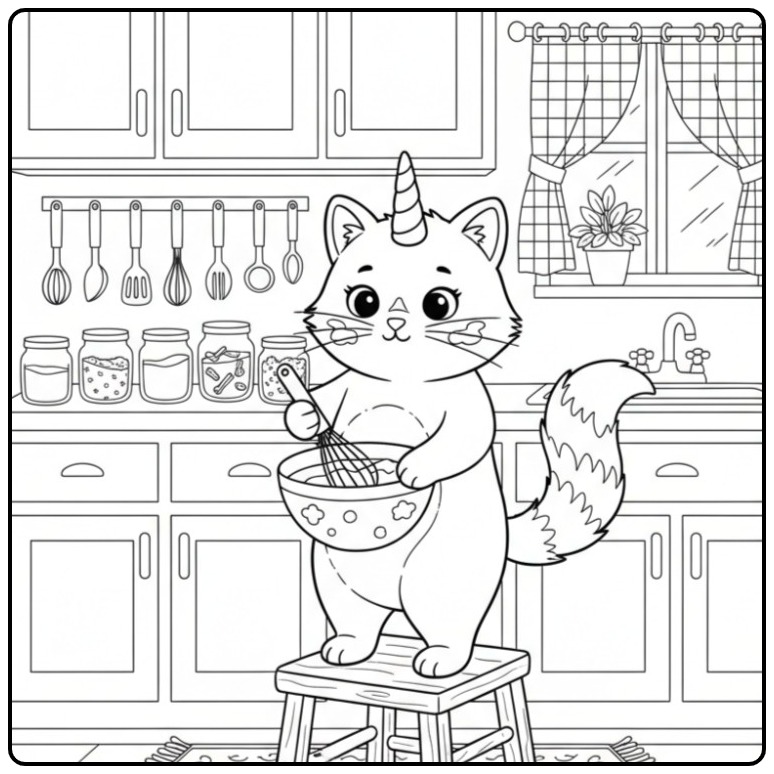 Cute Unicorn Cat a Cake at the Building Is coloring page