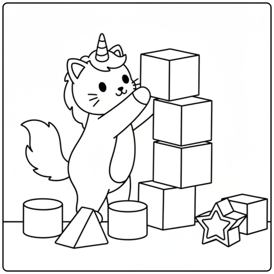 Cute Unicorn Cat Playing with Blocks coloring page