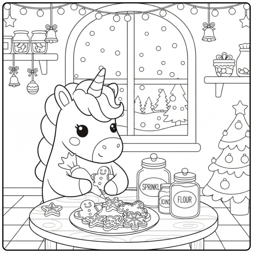 Cute Unicorn Christmas in a Cozy Kitchen coloring page