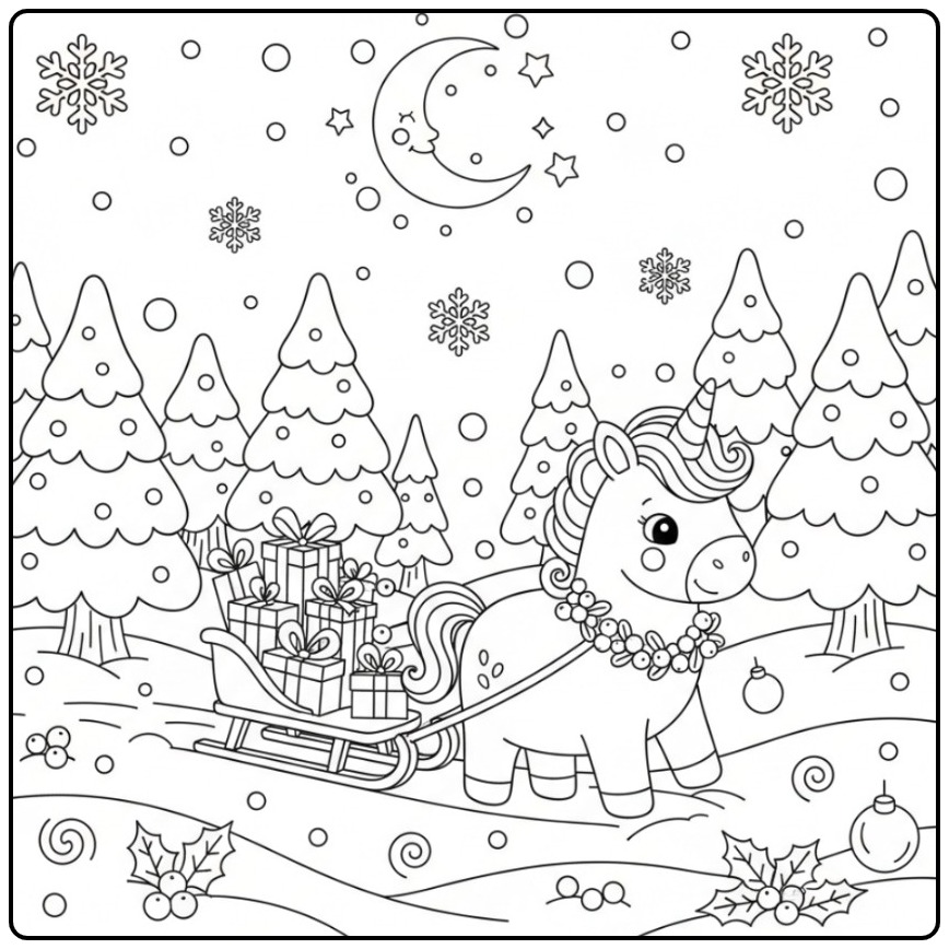Cute Unicorn Christmas in a Magical Winter Forest coloring page
