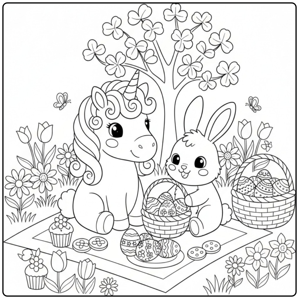Cute Unicorn Paascoloring Page with Easter Bunny and Eitjes coloring page