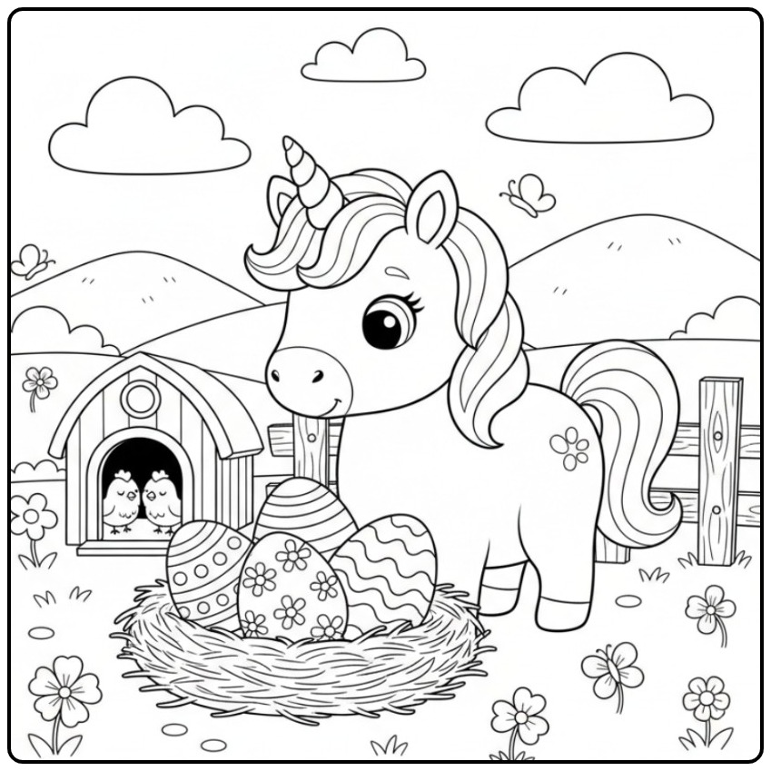 Cute Unicorn Paascoloring Page on the Farm with Chicks coloring page