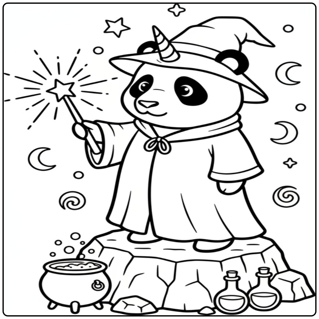 Cute Unicorn Panda as Sorcerer with a Cauldron coloring page