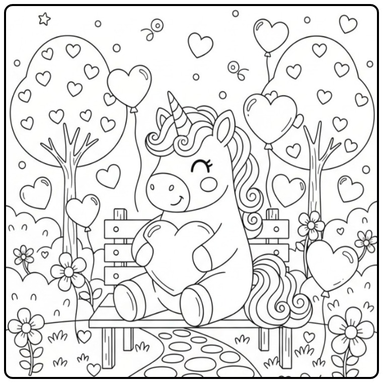 Cute Valentijnscoloring Page of Unicorn on a Bench coloring page