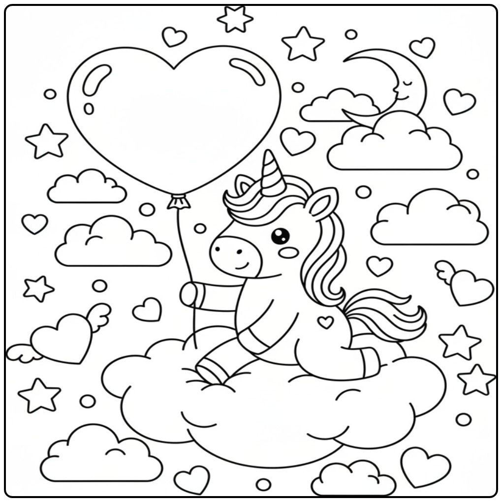 Cute Unicorn Valentijnscoloring Page Sitting on a Cloud coloring page