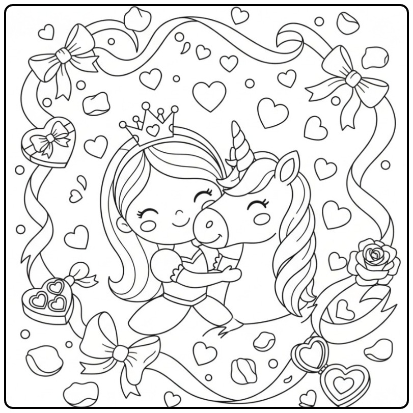 Cute Valentine Hearts Princess Unicorn coloring page