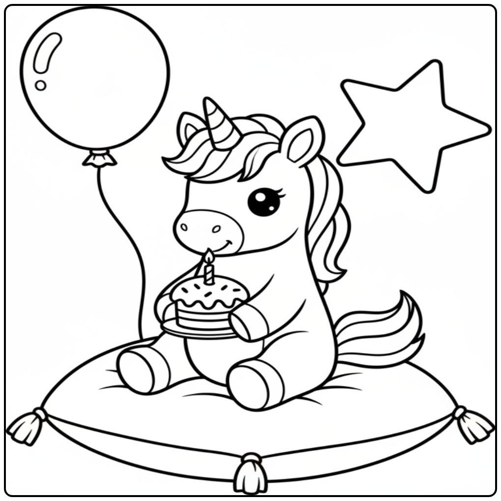 Cute Birthday Cake Unicorn with Festive Treat coloring page